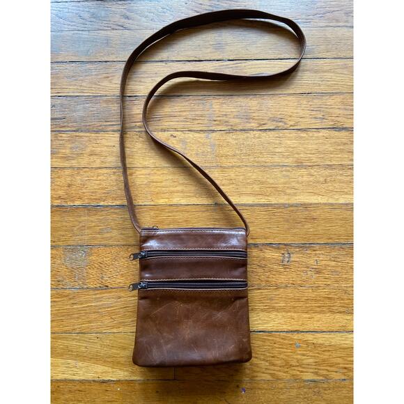 Vintage Distressed Brown Leather Mini Crossbody Bag w/Multiple Pockets - Picture 2 of 12
